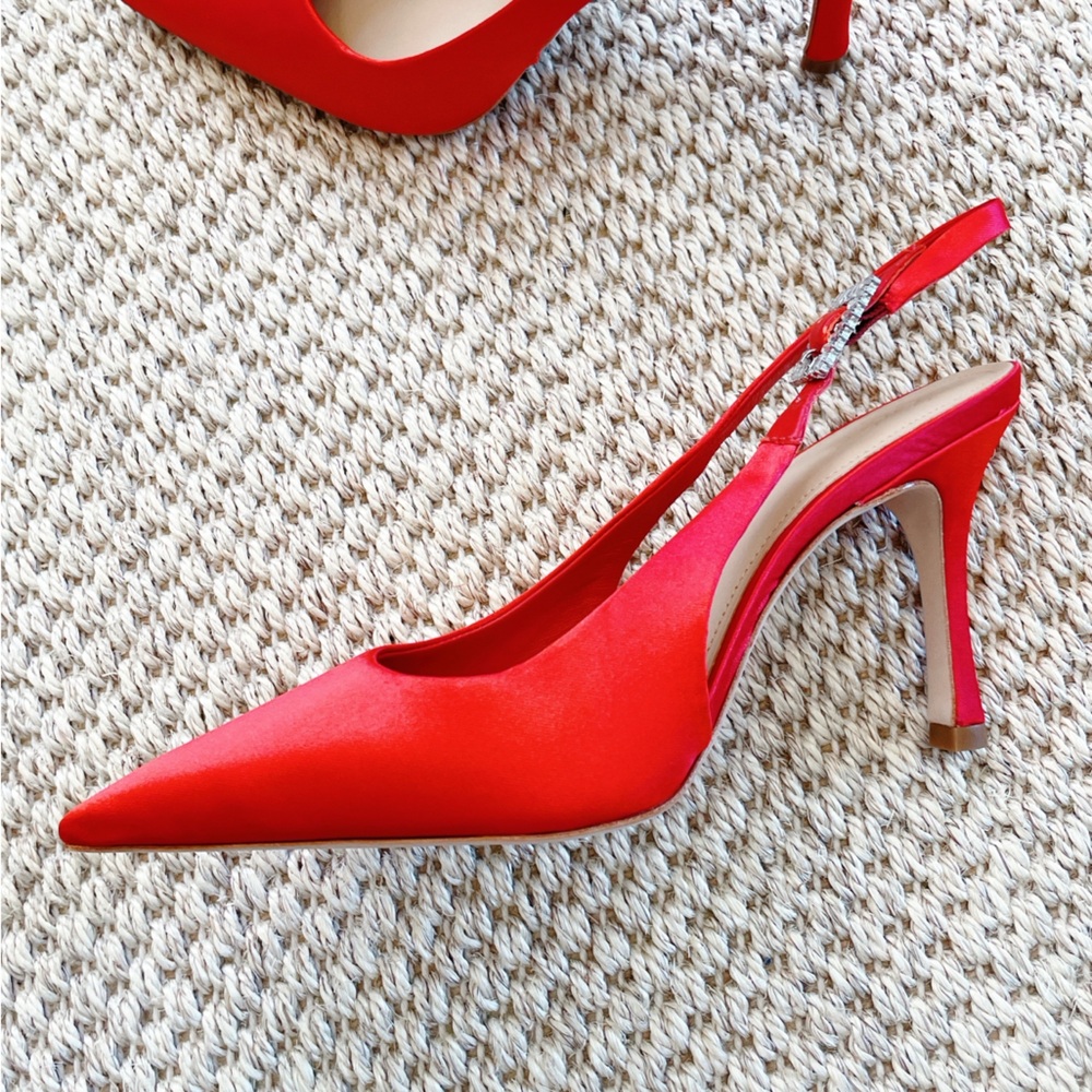 NEW Eleven22 Red Satin Slingback Heels Rhinestone Buckle Size 7 - saks fifth ave - Picture 8 of 8